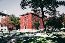 red building on a school campus