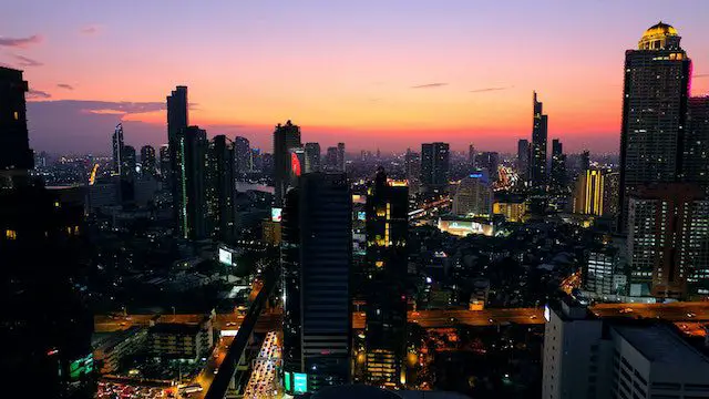 Aerial View of City Buildings at Night