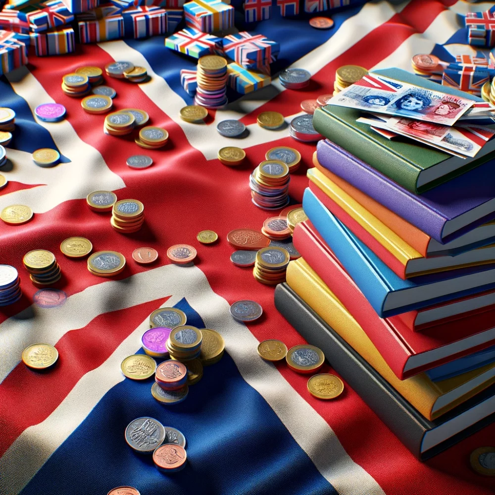 flag of the United Kingdom with less money scattered on it and a pile of distinctly colored books placed close to the flag