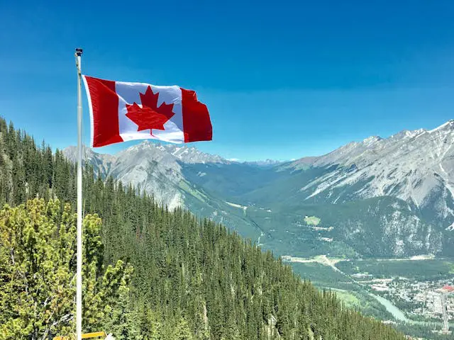 canada flag on a mountain side background