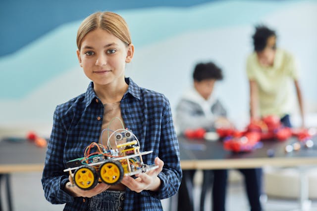 a girl in plaid long sleeves holding battery operated toy