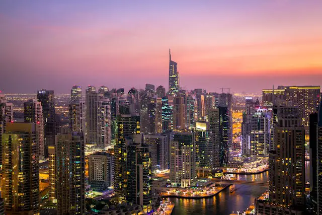 aerial view of city lit up at-night