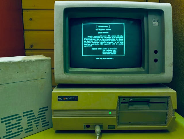 message on screen of vintage computer