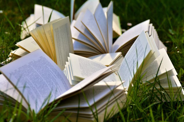 open books on grass field