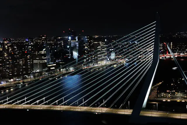 suspension bridge in rotterdam at night