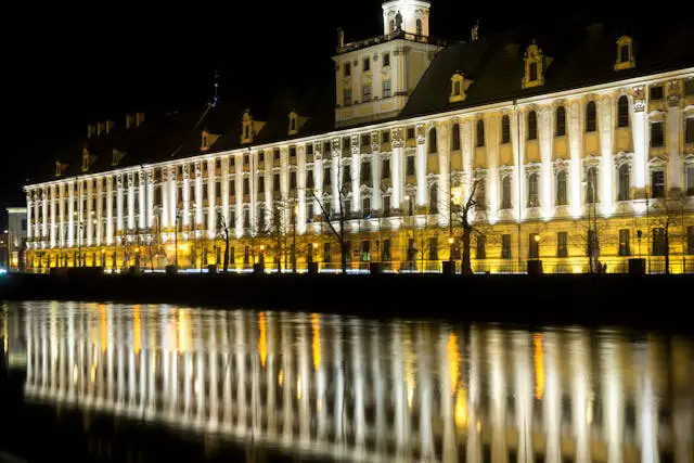 night view of illuminated wroclaw university