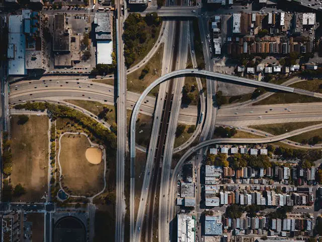 aerial view of urban highway interchange at daytime