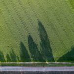 an aerial view of a road and a field