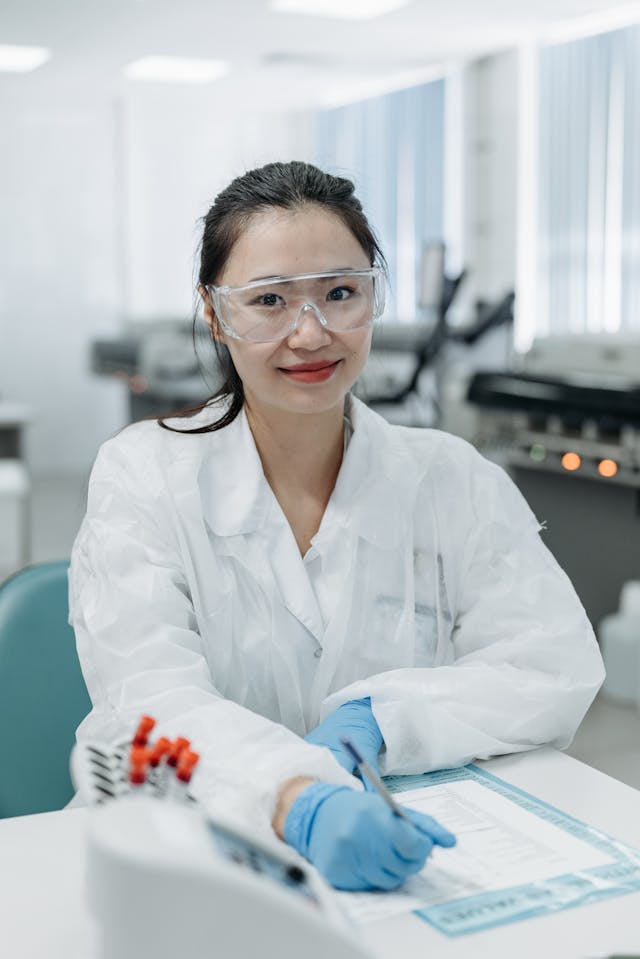 female medical practitioner wearing laboratory coat