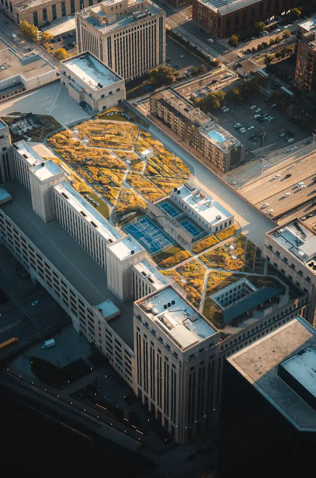 aerial view of urban rooftop garden in chicago