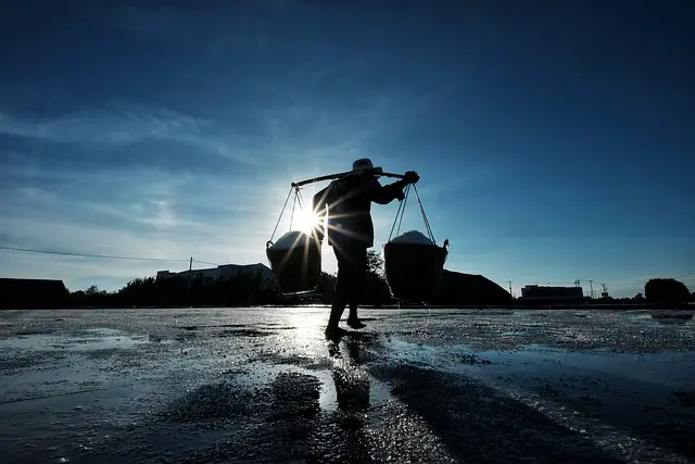 man worker buckets salt sunset