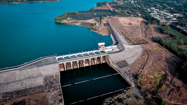 an aerial shot of a dam