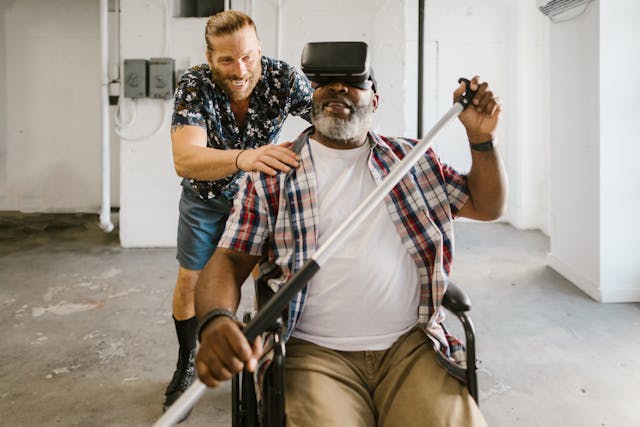 man paddling while wearing virtual reality glasses