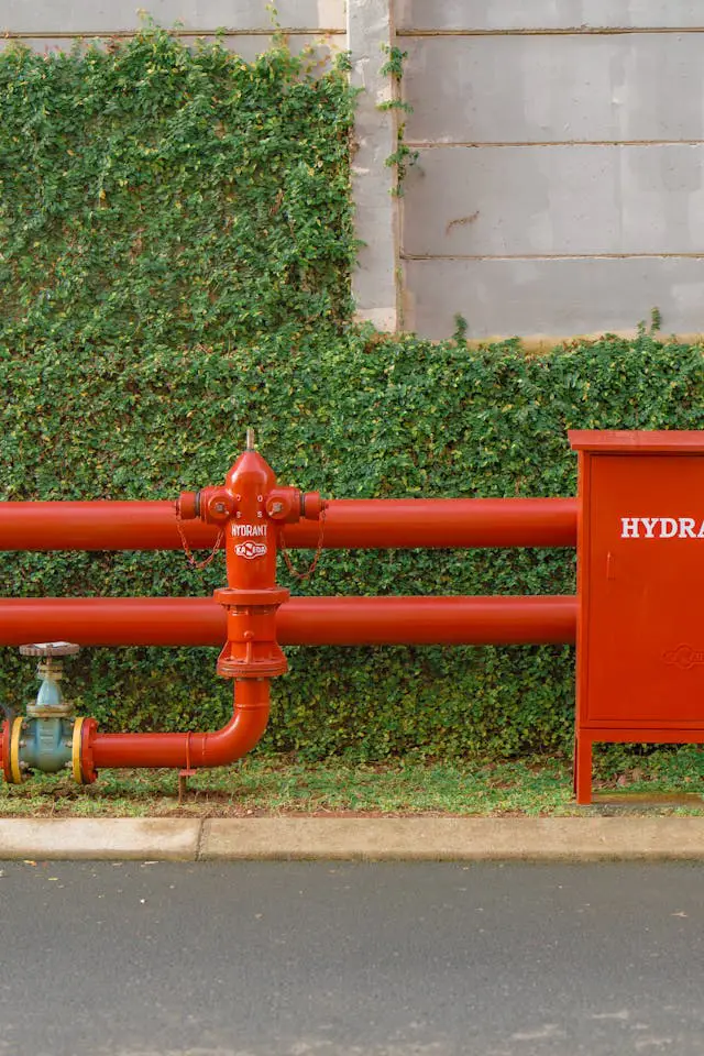 red fire hydrant against green ivy wall