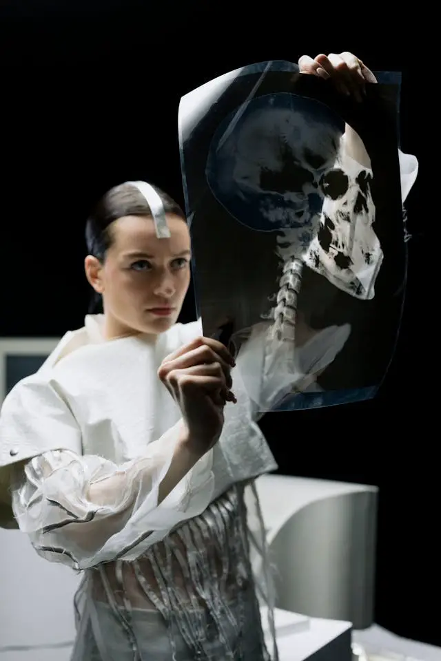 woman in white long sleeve top examining an x-ray