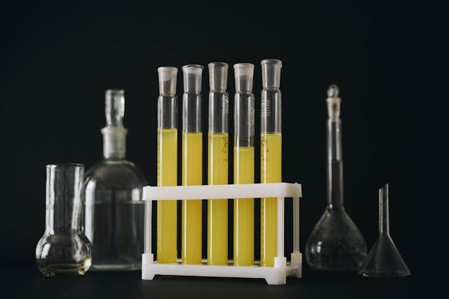 close up shot of flasks and test tubes